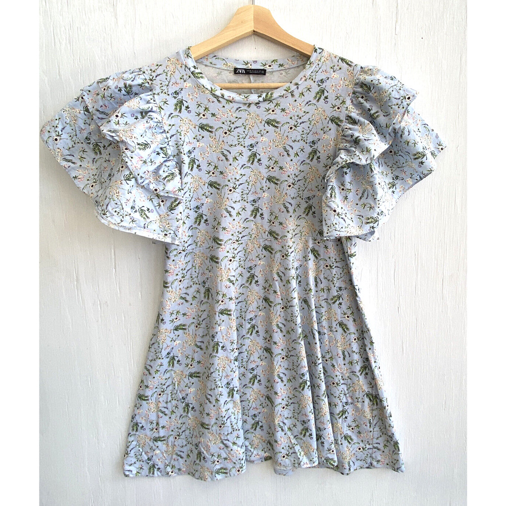 ZARA Blue Floral Ruffle Sleeve A-Line T Shirt Dress Size M